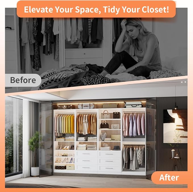 Closet System with 4 Sets, 8–21 FT Closet System with 6 Drawers, 9 Shelves & 8 Hanging Rods, Heavy Duty Closet Organizer System for Walk in Closets, Modular Custom Wood Closet Kit, White