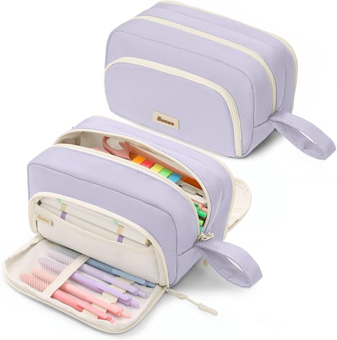 SUNEE Large Pencil Case, Big Capacity Pen Pouch with 3 Compartments, Kawaii Pencil Bag with Zipper, High Storage Stationery Holder and Organizer, School Supplies for Teen and Adult Girls, Light Purple