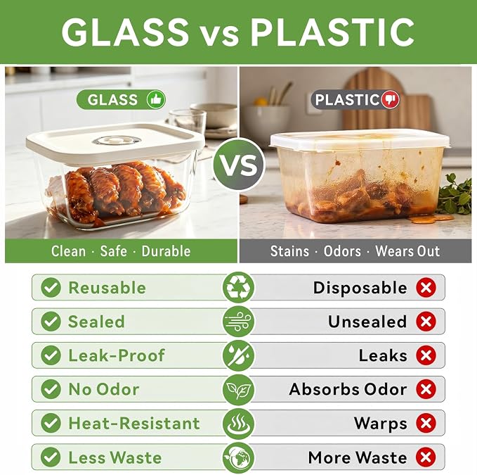 Glass Vacuum Seal Containers for Food Storage, 3 Sizes (16, 27, 47 fl oz), Airtight & Leak-Proof, BPA-Free, Keeps Food Fresh Longer, Ideal for Meal Prep, Compatible With Handheld Compact Vacuum Sealer