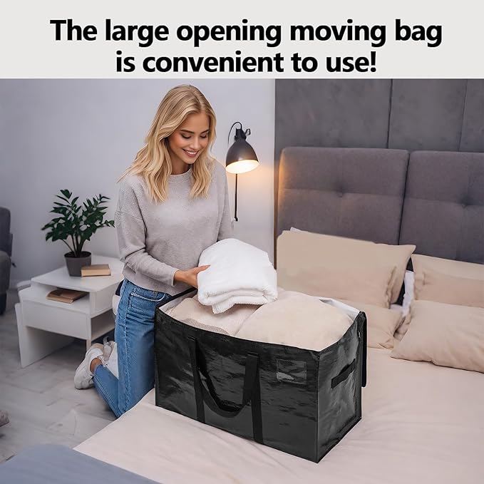 10 Pack Waterproof Moving Bags with Strong Zippers and Reinforced Handles, Real 100lb Capacity Extra Heavy Duty Large Storage Totes for Packing & Moving Storing, Alternative to Moving Boxes -95L,Black