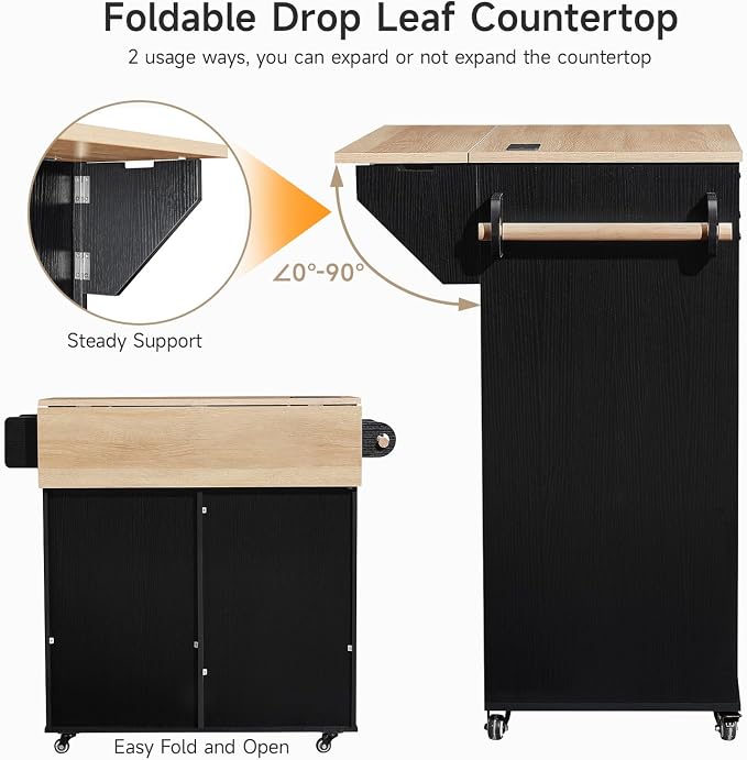 ONBRILL 31.5" Farmhouse Kitchen Island with Drop Leaf & Power Outlet, Rolling Kitchen Cart with Sliding Barn Door, Portable Island Table with 3 Drawers, Spice Rack & Towel Holder