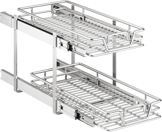 2-Tier Kitchen Cabinet Pull Out Shelf and Drawer Organizer Slide Out Pantry Storaqe Basket in Multiple Sizes (11" W x 18" D)