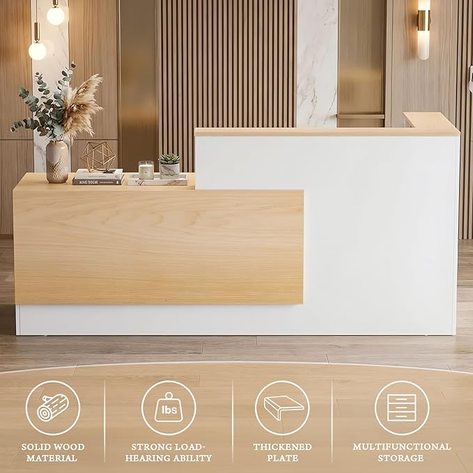 Ceridwen L-Shaped Large Wooden Reception Desk, Modern Front Desk Reception Counter with Lockable Drawers, Storage & Keyboard Tray for Office Lobby Checkout (Left-Oak & White, 71''L x 34''W x 41''H)
