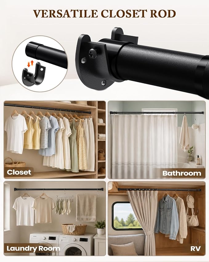 Closet Rod, 17-69 IN Closet Rods for Hanging Clothes, Black | Stepless Adjustable, Supports up to 66 lbs, Multiple Size Options, Easy Installation, Multi Purpose, Wall-Mounted