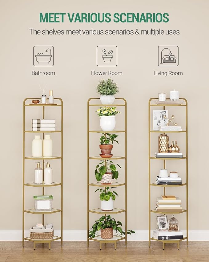 Hzuaneri Corner Shelf Stand, 6-Tier Glass Bookshelf Bookcase, Bathroom Organizer, Plant Stand, Steel Frame, Tempered Glass, Modern Style for Living Room, Bathroom, Kitchen, Golden CS90600G