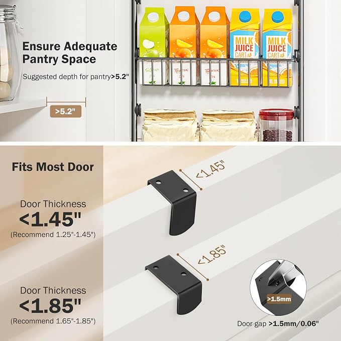 Delamu Over The Door Pantry Organizer, 5-Tier Pantry Door Organizers and Storage with Adjustable Basket, Metal Hanging Spice Rack, Seasoning Organizer, Door Organizer for Home Kitchen Bathroom, Black