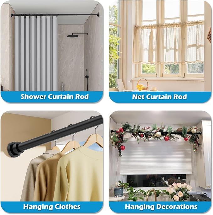 Tension Curtain Rod Adjustable 33 to 56 inch Small Spring Tension Curtain Rod No Drilling, Closet Rod for Windows, Door, Wardrobe, Black