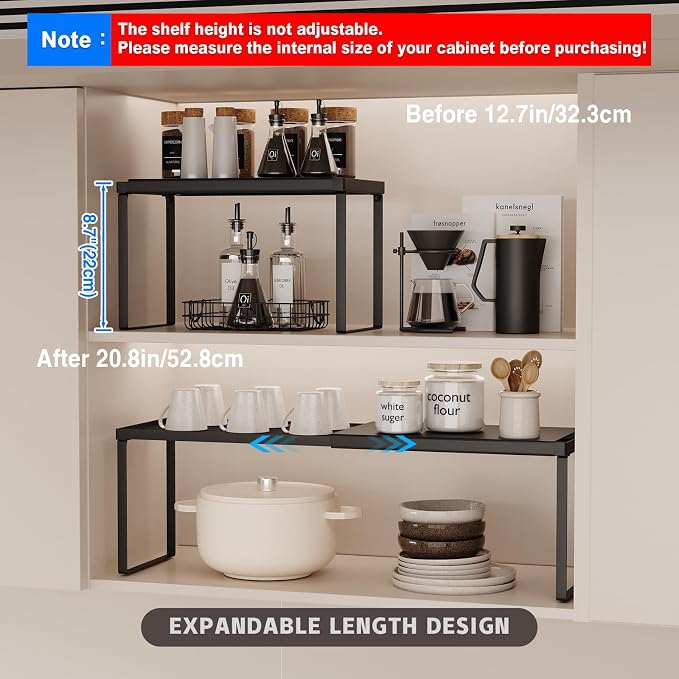 Magheo Expandable Kitchen Countertop Organizer, 1 Pack Stackable Cabinet Shelf Risers, Metal Spice Rack Heavy Duty Counter Organizer Storage for Kitchen, Pantry, Cupboard, Rv (8.7in Height,Black)