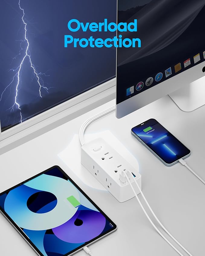 Olcorife Flat Plug Power Strip with 10 FT Extension Cord, 6 Outlets 3 USB Ports(1 USB C), 3 Sided Outlet Extender for Home Office Travel Dorm Room Essentials, White