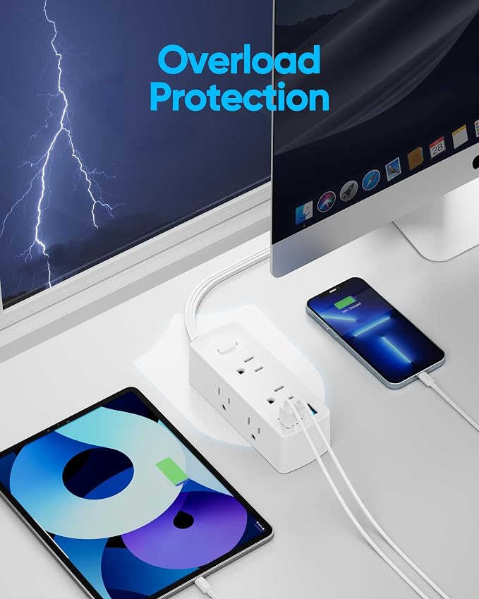 Olcorife Flat Plug Power Strip with 20 FT Extension Cord, 6 Outlets 3 USB Ports(1 USB C), 3 Sided Outlet Extender for Home Office Travel Dorm Room Essentials, White