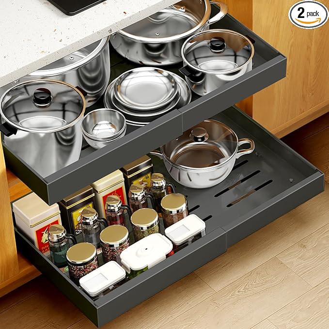2Pack Expandable Pull Out Cabinet Organizer 21" Deep - Sliding Drawer Organizer Roll Out Shelves Adhesive - Adjustable Width 15.2"-26.2" W (Grey)