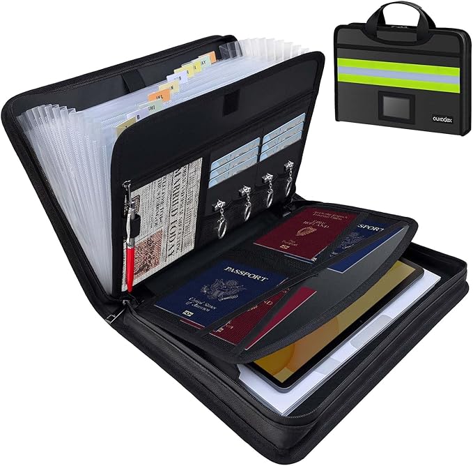 Fireproof Accordion Document Bag, Water-Resistant File Organizer, 12 Pockets 2200°F, with Reflective Strip, Fire Safe Storage for A4 Letter and Other Sizes Important Documents - Black