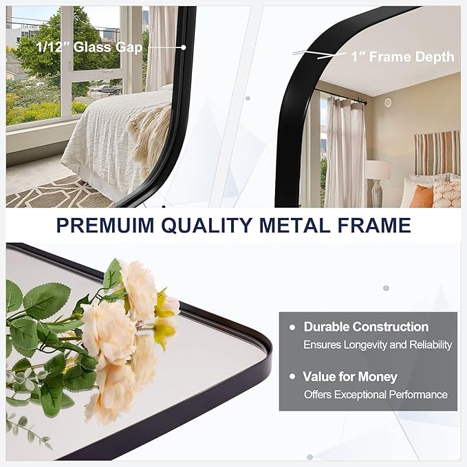 ANDY STAR 24x24 Black Bathroom Mirror, Oblong Vanity Mirror with Stainless Steel Metal Frame, Matte Black Mirror for Over Sink, Modern Anti Rust Wall Mounted