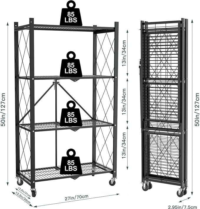 4 Tier Foldable Storage Shelves with Wheels -No Assembly Metal Folding Shelves Collapsible Shelving Unit Display Heavy Duty Rolling Shelf for Home Kitchen Office Room (Black, 50" x 13" x 27")