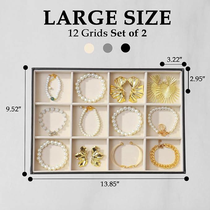 Large Jewelry Organizer Tray 2 Pack, Stackable Jewelry Storage Holder for Drawer Inserts, PU Leather Velvet Jewellery Display Case for Earring Bracelet Necklace Ring (Black Beige, 12 Grids)