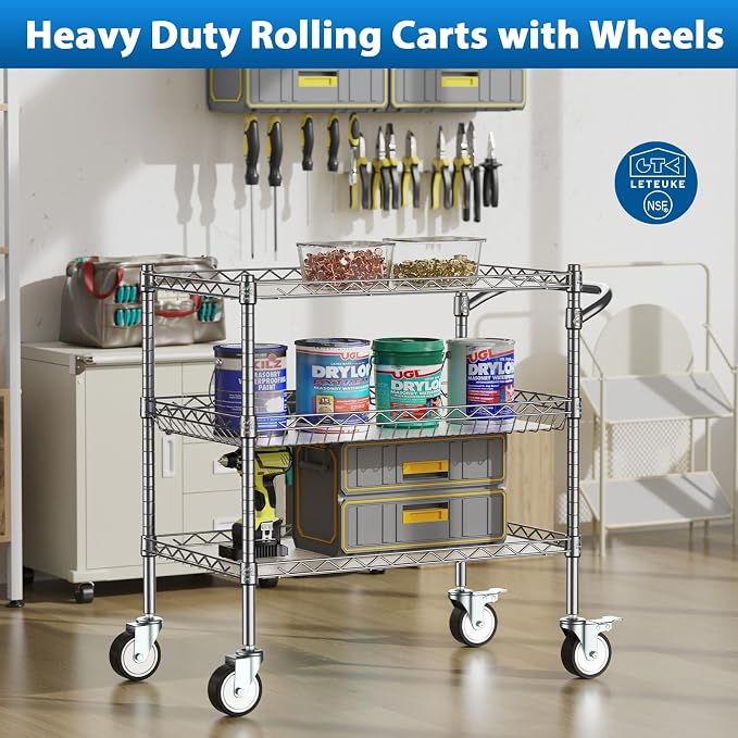 Leteuke 3 Tier Rolling Carts with Wheels, Heavy Duty Rolling Utility Cart | NSF Commercial Grade Metal Cart with Handle&Shelf Liner,Trolley Serving Cart for Kitchen,Restaurant,Plant Display,Chrome