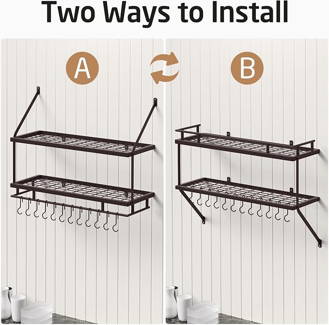 KES 30-Inch Oiled Bronze Pot Rack Wall Mounted, 2-Tier Hanging Pot and Pan Organizer with 12 Sturdy Hooks, Kitchen Wall Hanger Shelves Farmhouse Style, KUR215S75B-OB