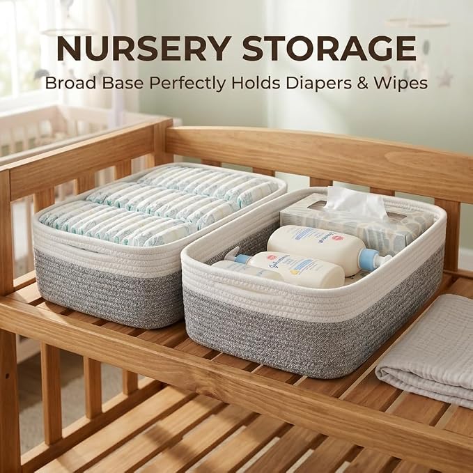 Large Shallow Basket, 15"x11"x5.1", Baskets for Organizing 2 Pack | Shallow Storage Basket for Organizing, Shelves, Living Room, Nursery, Bathroom, Cotton Rope Basket Organizer, Small Baskets