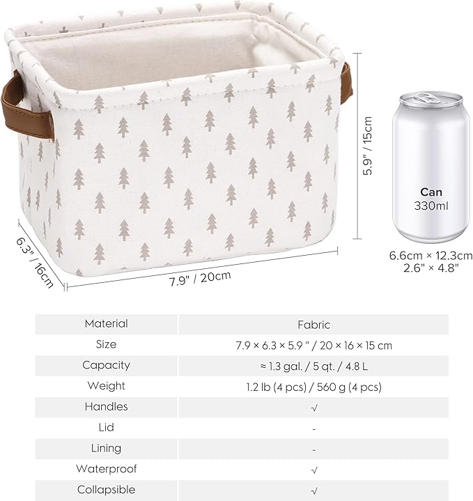 Sea Team Collapsible Small Canvas Fabric Storage Basket with Handles, Square Mini Storage Box, Cube, Foldable Shelf Basket, Closet, Desk Organizer for Nursery, Home, Office (Grey, Set of 4)