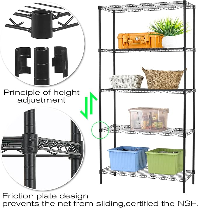 HCY 5-Tier Storage Shelf Heavy Duty Shelving Unit NSF Height Adjustable Metal Storage Rack for Laundry Bathroom Kitchen Garage Pantry Organization - 14inx36inx72in (Black)