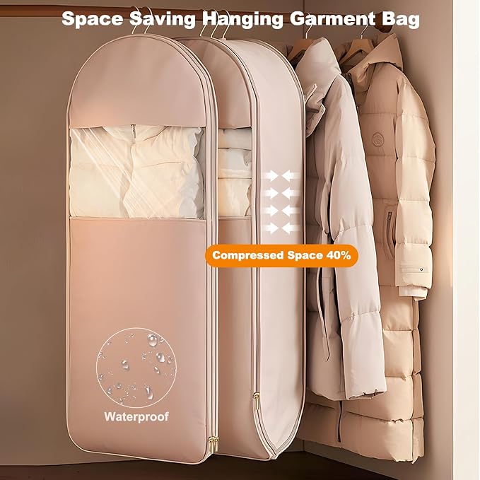 Space Saving Hanging Garment Bag with Self Compression Zipper, Thick Dustproof Garment Bags for Hanging Clothes, Space Saving Garment Bags with Compression Zip Technology (Pink, 51 * 23 * 6IN)