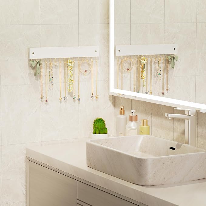 Lolalet Wooden Necklace Holder for Wall with 15 Hooks -Goldwhite | Wall Mount Jewelry Hangers for Necklaces, Chains, Bracelets and Earrings, Tangle-free, Easy to Install