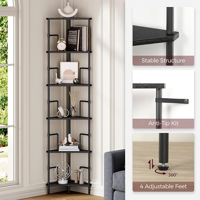 MAHANCRIS 6-Tier Corner Shelf, 65" Tall Corner Bookshelf with Metal Frame, Narrow Display Shelf Stand, Industrial Corner Bookcase for Living Room, Bedroom, Home Office, Black CSBK6601
