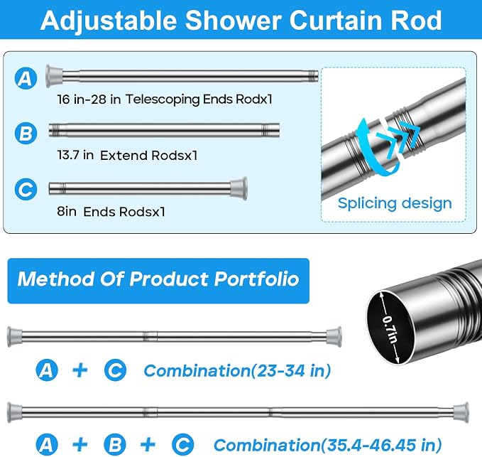 MEXAU 2 Pack Tension Curtain Rods 24-46 Inch,Adjustable Spring Tension Rods Silver Shower Curtain Rod No Drilling for Window, Bathroom, Closet, Room Divider, 7/8" Diameter
