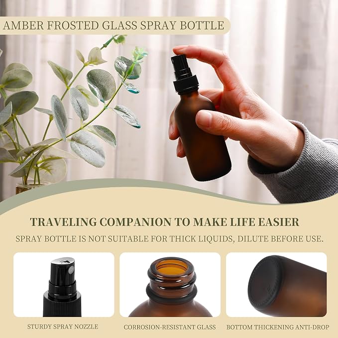 NOOEEISS Green Glass Small Spray Bottles 2 oz 48 Packs,Fine Mist Sprayer Pretty Finish,Refillable Containers mini spray bottles for Cleaning Solutions and Skin Care (Amber Frosted 48Pack)