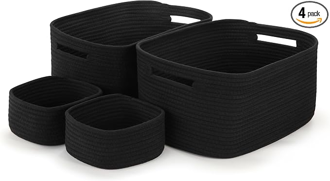 4-Pack Large Woven Rope Storage Baskets, 2 Sizes Organizer Bins | Fabric Cube Boxes and Rectangular Shallow Bins for Closet, Shelf, Bookshelf, Nursery, Changing Table, Bathroom, Toys & Home