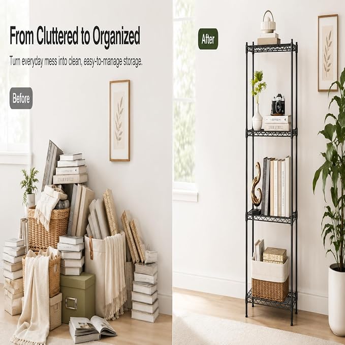 4 Tier Storage Shelves, Metal Wire Shelving Unit, Heavy Duty Adjustable Shelf Rack for Pantry, Kitchen, Garage and Laundry Room, Black