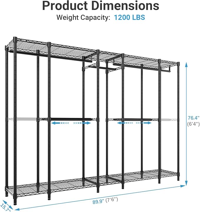 VIPEK V50 Basic Expandable Clothes Rack, Heavy Duty Closet System, Black | Freestanding, 5 Hanging Rods (2 Extendable), 6 Wire Shelves, for Bedroom or Walk-In/Reach-In Closet Storage, 1200 lb Capacity
