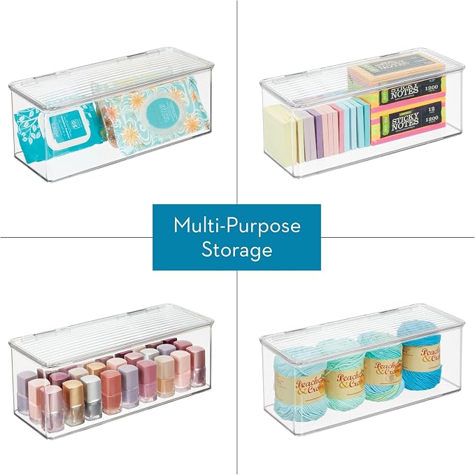 iDesign Plastic Stackable Hinged-Lid Storage Box, Set of 6, Clear | For Kitchen, For Bathroom, For Office