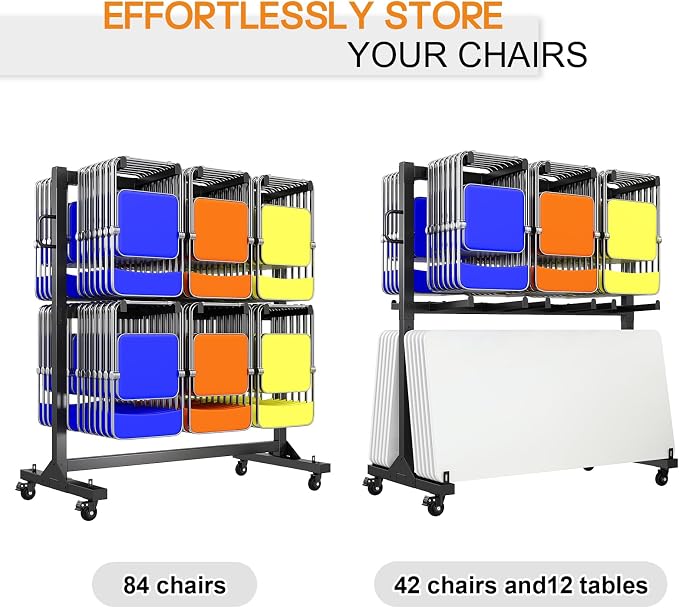 SPECRAFT Folding Chair Rack, Holds 12 Tables or 84 Chairs with 50 PCS Chair Covers, 1100 lbs Capacity, Heavy-Duty Cart with Wheels, Elastic Cords, Cover, Glossy Black