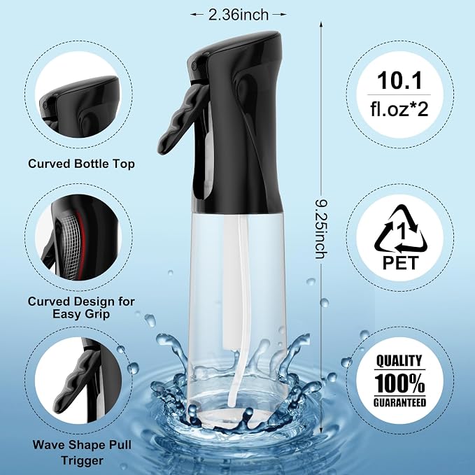 Continuous Spray Bottle for Hair (10.1oz/300ml) 2 Pack Home Essentials | Empty Plastic Ultra Fine Mist Misting Water Mister Spray Bottles for Cleaning Hairstyling Barber Curly Hair Garden Plants