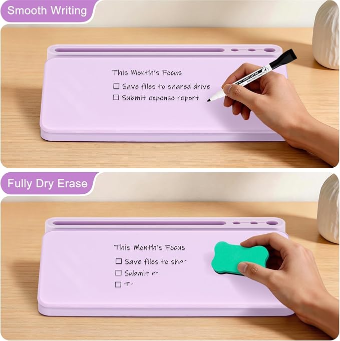 Small Desktop Glass Whiteboard with Storage, Desk White Board Stand Purple | Computer Keyboard Stand, Office Desk Organizers and Accessories with Drawer, To Do Memo Notepad, Home School Supplies