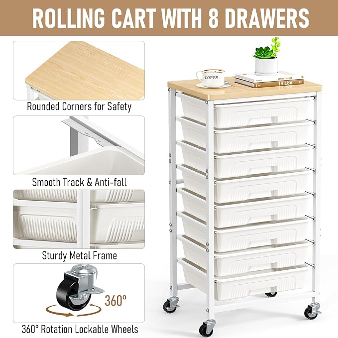 caktraie Rolling Cart with 8 Storage Drawers, Craft Organizers Cart with Wooden Tabletop, Mobile Utility Drawer Cart with Lockable Wheels, for Classroom, Office, Living Room & Bedroom, Beige White
