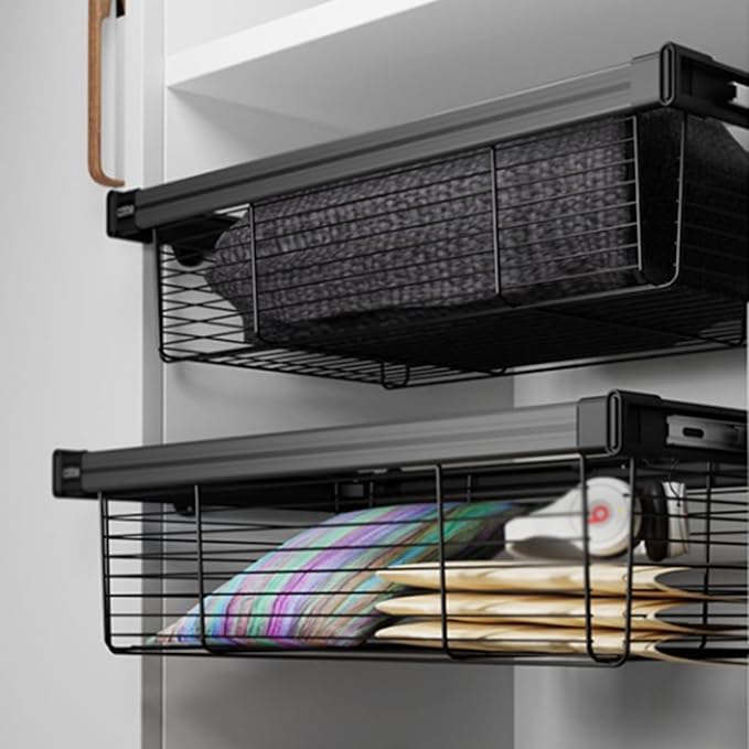 Pull Out Cabinet Storage Basket,Stackable Detachable Baskets Closet Storage Box,Telescopic Coat Drawer for Kitchen,for Kitchen Office Wardrobes Cupboard Storage(Black,864x456x205mm)