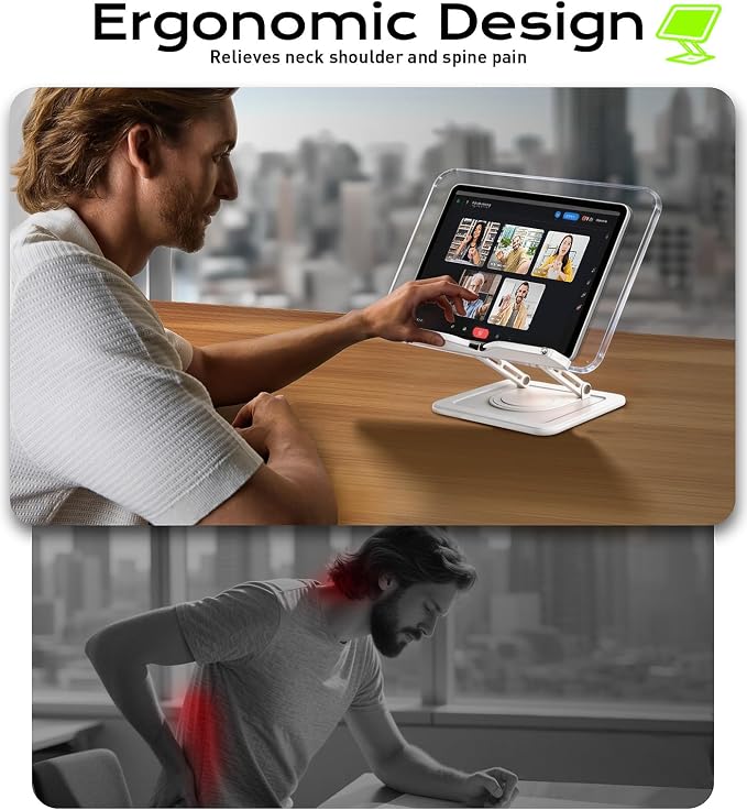 Book Stand for Reading, Adjustable Book Holder with 360°Rotating Bases, Ergonomic Cookbook Stand Recipe Book Holder with Elastic Page Clips for Magazines, Tablets, Laptops,Acrylic White