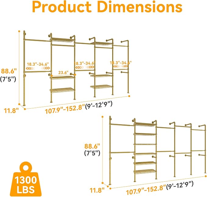Higeego W5 Adjustable Clothing Rack, Wall Mounted Closet System Expandable Clothes Rack Adjustable Shelves, Heavy Duty Pipe Wardrobe for Walk-in/Reach-in Closet, 9-12 ft Wide 1300LBS Load, Gold
