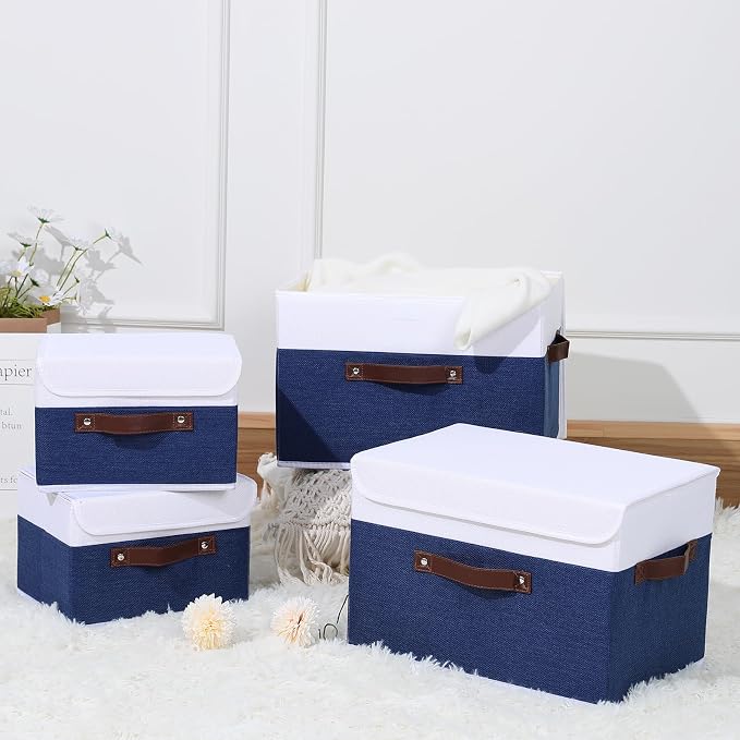 ANMINY 2PCS Storage Boxes with Lids Washable Decorative Storage Bins Basket with PU Leather Handle Foldable Linen Fabric Storage Cubes Containers for Home Closet Organizer - Deep Blue White, Medium