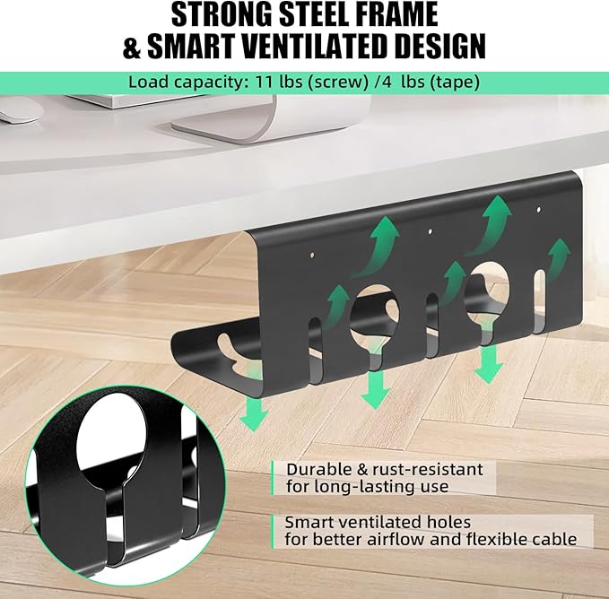 Cord Management Under Desk, 16.5" L x 4.7" W x 6.8" H, 2 Pack Under Desk Cable Tray, Wire Organizer for Power Strip, Tape Mount or Screw Mount, Easy Install Cord Raceway for Desk & Home