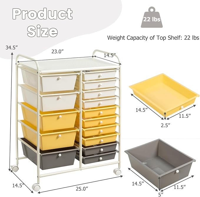 DREAMADE Rolling Cart with 15 Drawers, Lockable Wheels, Removable & 2-Sized Storage, Art Cart for School, Home, Crafts, Scrapbook (Yellow)