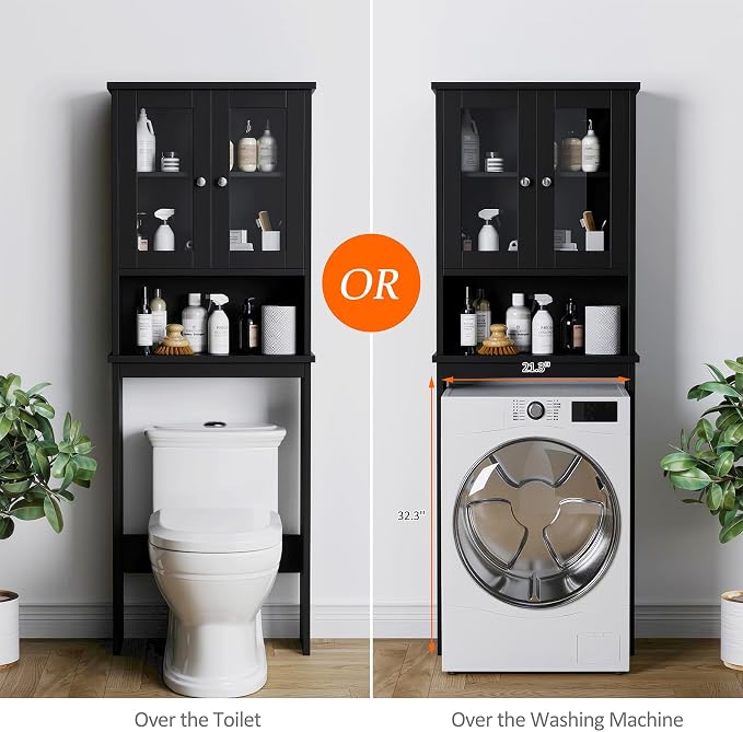 Over The Toilet Storage Cabinet for Bathroom, Storage Organizer Over Toilet with Glass Doors, Space Saver for Living Room, Black