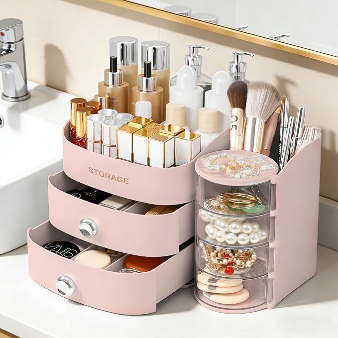 XIAPIA Makeup Organizer Countertop, Make Up Organizer for Vanity | Skincare & Cosmetic Organizers with Drawers, Bathroom Storage for Brush Holder|Lipstick|Jewelry, Ideal Gift for Women, Pink