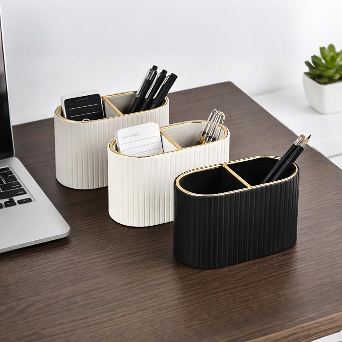 PU Leather Desk Organizer,Pen Holder,Small Remote Control Holder Pencil Cup Multifunctional Nightstand Organizer Caddy for Home School Office Desk Accessories,2 Compartments (Black)