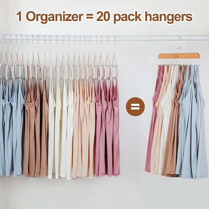 TOPIA HANGER Bra Hanger for Closet, Tank Top Hangers Space Saving Natural | 20 Foldable Hooks, 360°Rotating Hooks, Easy to Install, Durable Solid Wood, Space Saving Storage for Bras, Tank Tops, Belts