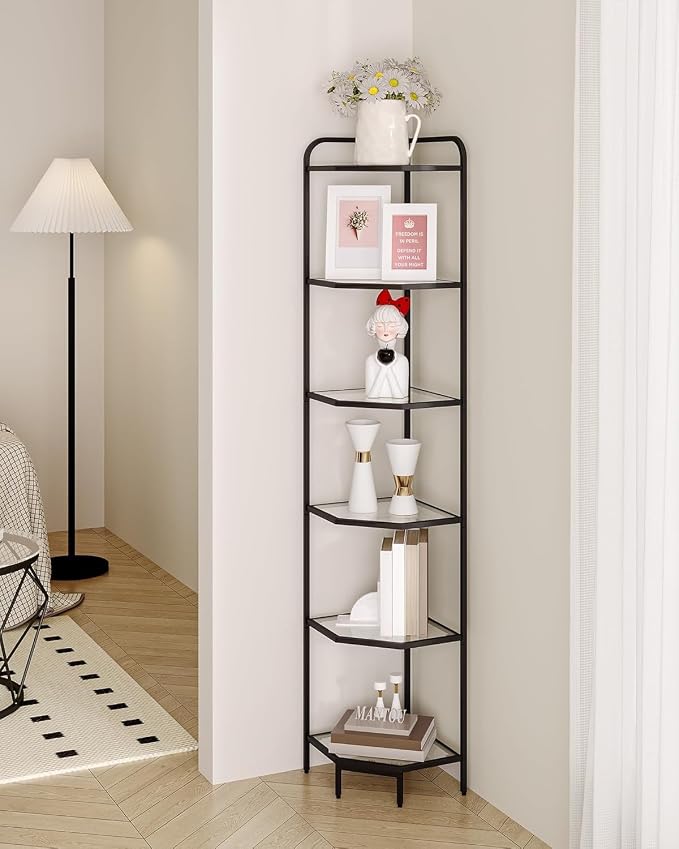 Hzuaneri Corner Shelf Stand, 6-Tier Glass Bookshelf Bookcase, Bathroom Organizer, Plant Stand, Steel Frame, Tempered Glass, Modern Style for Living Room, Bathroom, Kitchen, Black CS90600B