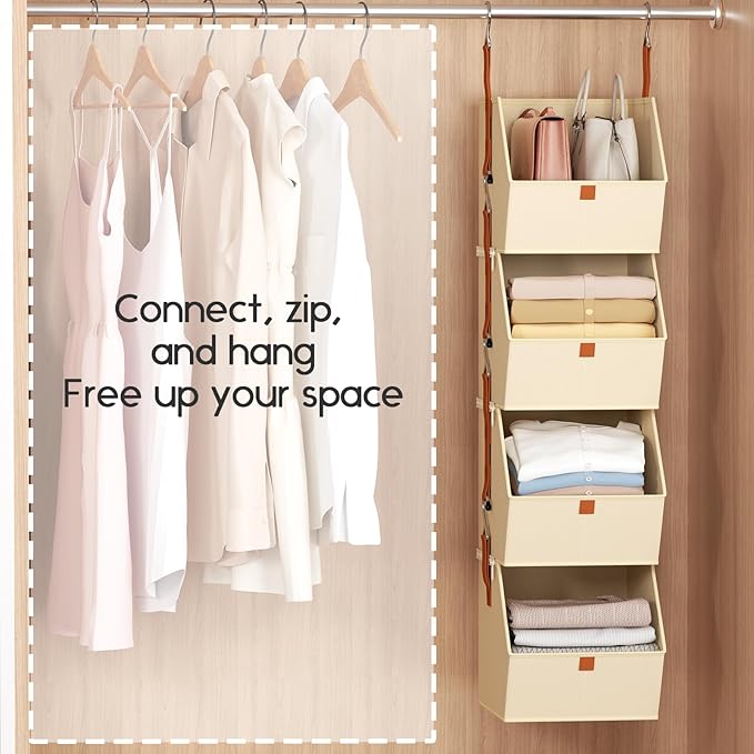 Homsorout Hanging Closet Organizer 4 Tier - Clothes Hanging Shelves, Space-Saving Closet System, Fabric Storage Bins Bedroom Organization, Collapsible Baskets for Home, Dorm, Rv, Beige, 8 Pack