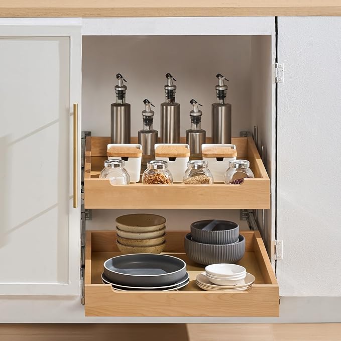 VEVOR 2 Tier Pull Out Cabinet Organizer, 20" W x 21" D Cabinet Drawer, Soft Close Slide out Shelf, Heavy-Duty Sliding Wood Drawer, Adjustable Base Cabinet Organization for Kitchen Pantry Bathroom
